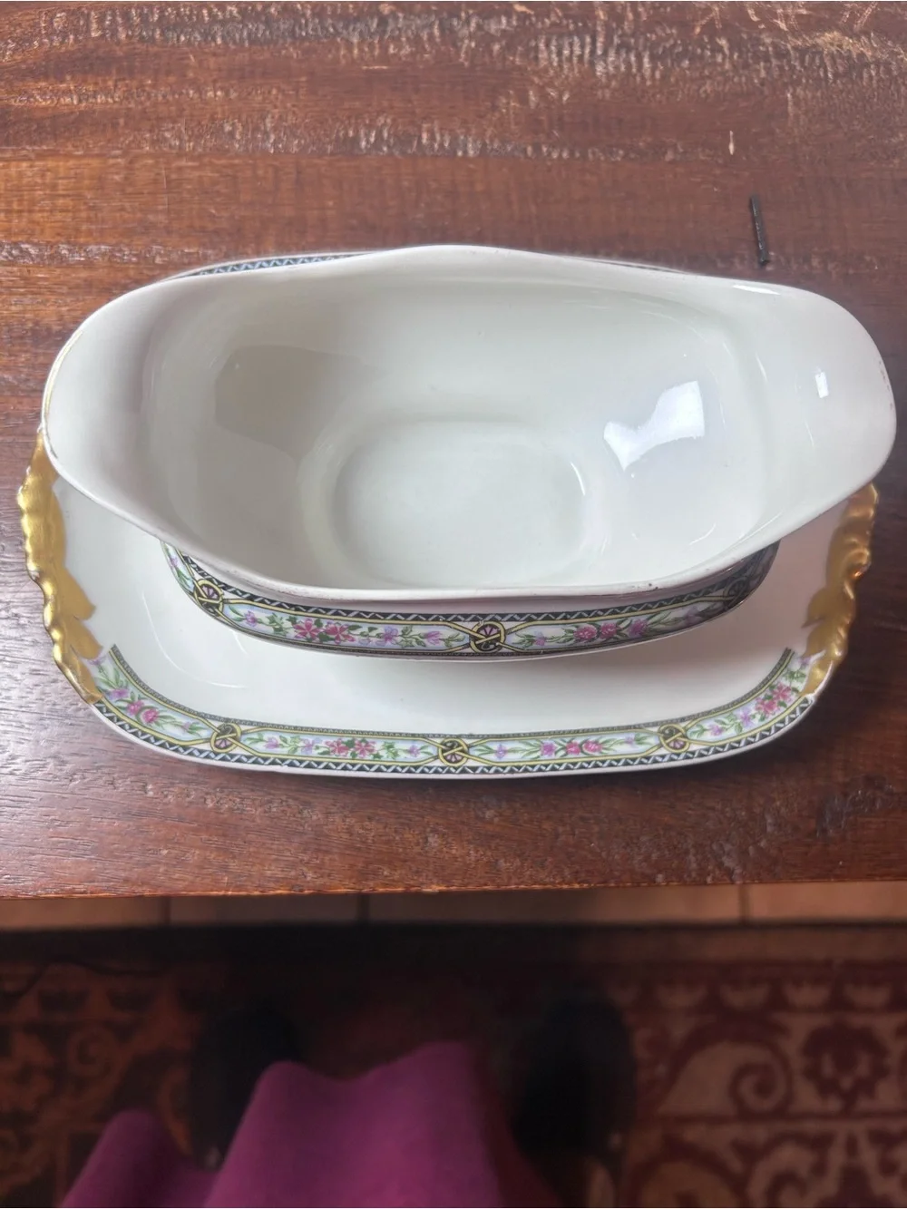 Rare J POUTAT LIMOGE White Porcelain Gravy Boat with Pink Floral Band